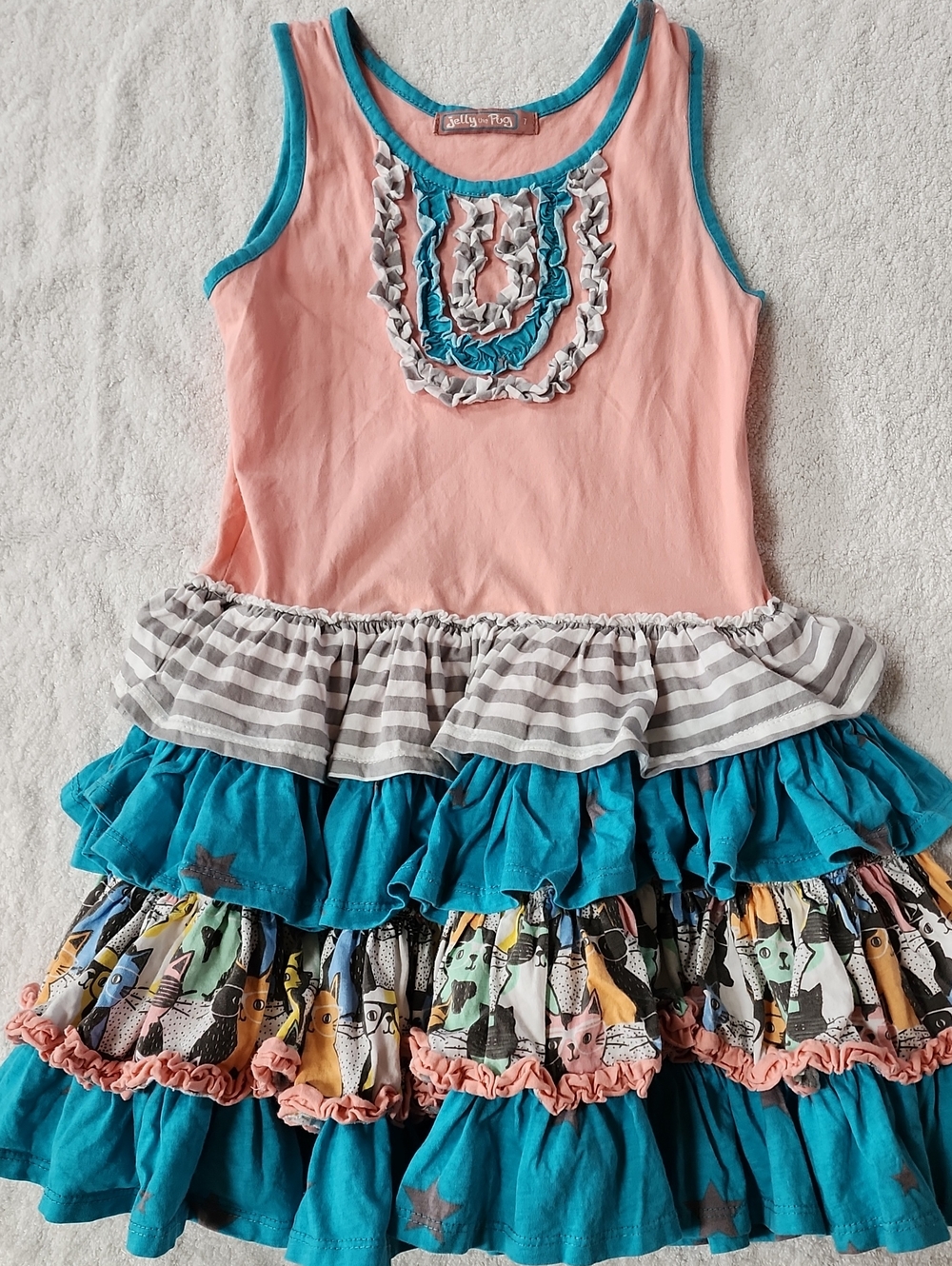 Jelly The Pug Girls Cats Eye Ruffle Tier Dress  Size 7  Preowned